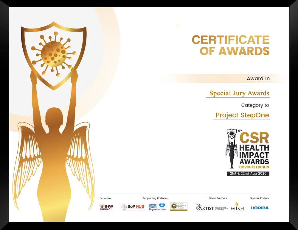 Certificate of the Special Jury Award to Project StepOne at the 4th CSR Health Impact Awards, Covid-19 Edition