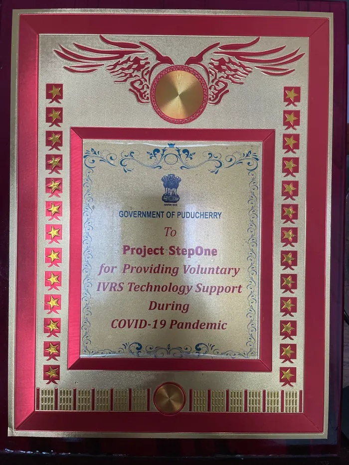 Government of Puducherry plaque recognising Project StepOne for voluntary IVRS technology support during Covid-19